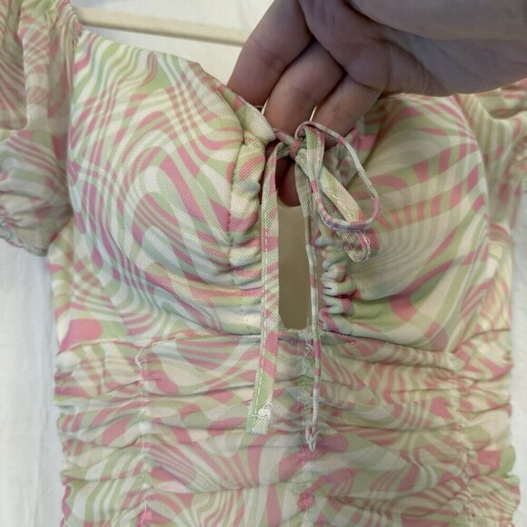 Madden NYC Bodycon Dress XS Ruched Pink Green Swirl Y2K Milkmaid Sheer Mesh Sexy - Picture 4 of 14